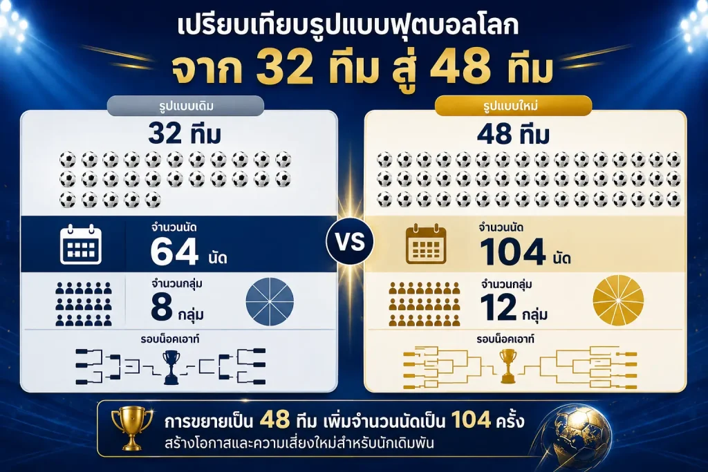 ไฮไลท์ฟุตบอลโลก 2026 อินโฟกราฟิกเปรียบเทียบรูปแบบใหม่ 48 ทีม